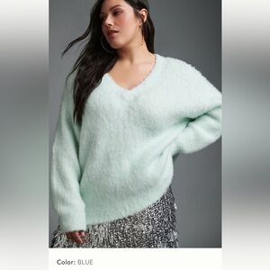 NWT Anthropologie Maeve plush soft sweater v neck mint blue XL petite XLP fuzzy
